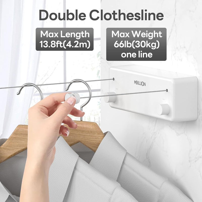 Mbillion Retractable Clothesline 13.8 Ft Stainless Steel Double Clothes line retracting Indoor Heavy Duty Retractable Laundry Line Wall Mounted (Double Line-White) - Image 2